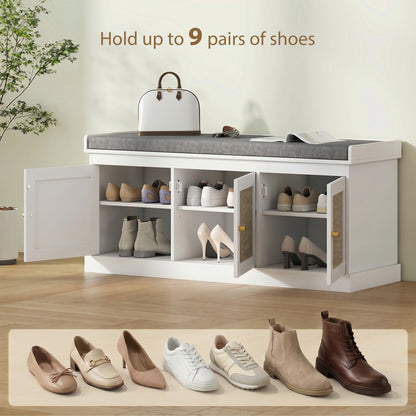 Shoe Storage Bench with Woven Rattan Doors, Seat - White