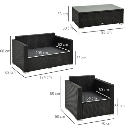 4-Seater Rattan Sofa Set Garden Rattan Furniture Wicker Steel Chair Seat Furniture, Black