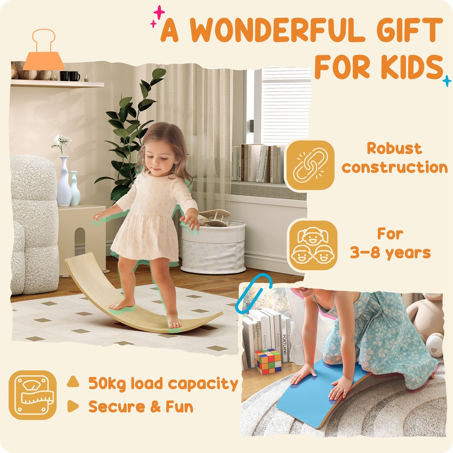 Wooden Balance Board for Kids, Wobble Board with Silent Felt for Sensory Play, Blue