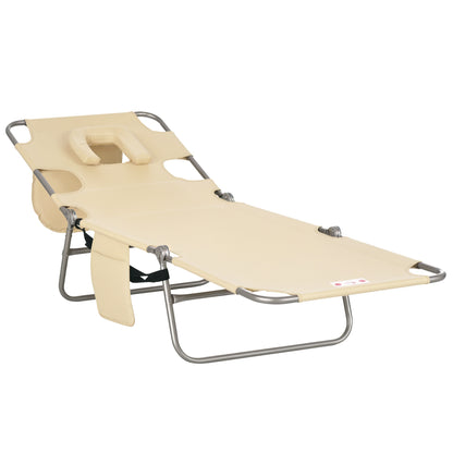 Foldable Sun Lounger, Beach Chaise Lounge with Reading Hole, Arm Slots, 5-Position Adjustable Backrest, Side Pocket