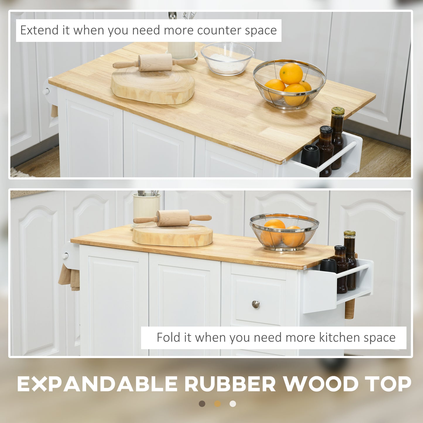 Kitchen Island with Drop Leaf, Rolling Kitchen Storage Trolley on Wheels with 3 Drawers, Spice Rack and Towel Rack