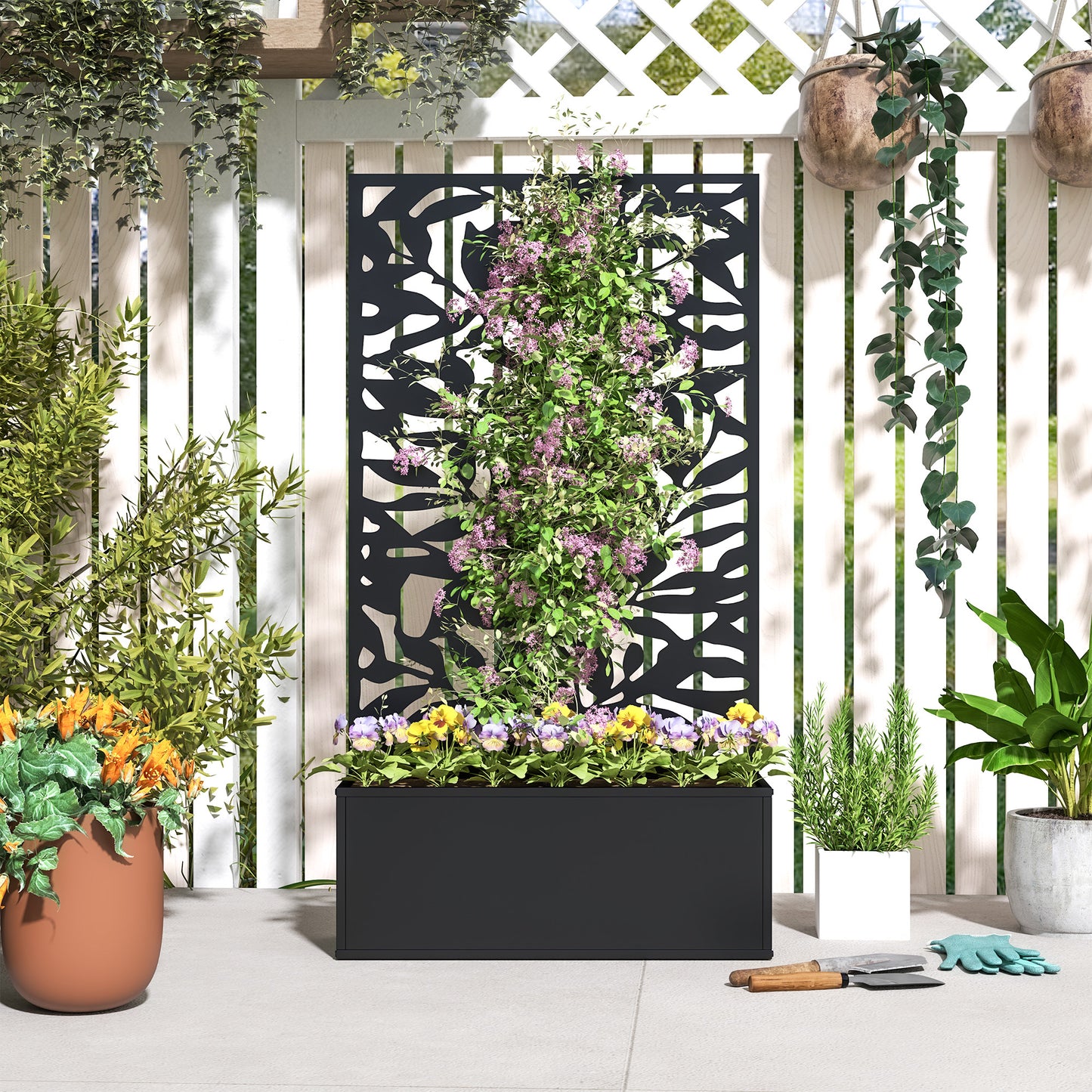Metal Garden Bed with Trellis, Wall Mounted or Freestanding Raised Planter with Privacy Panel, Black