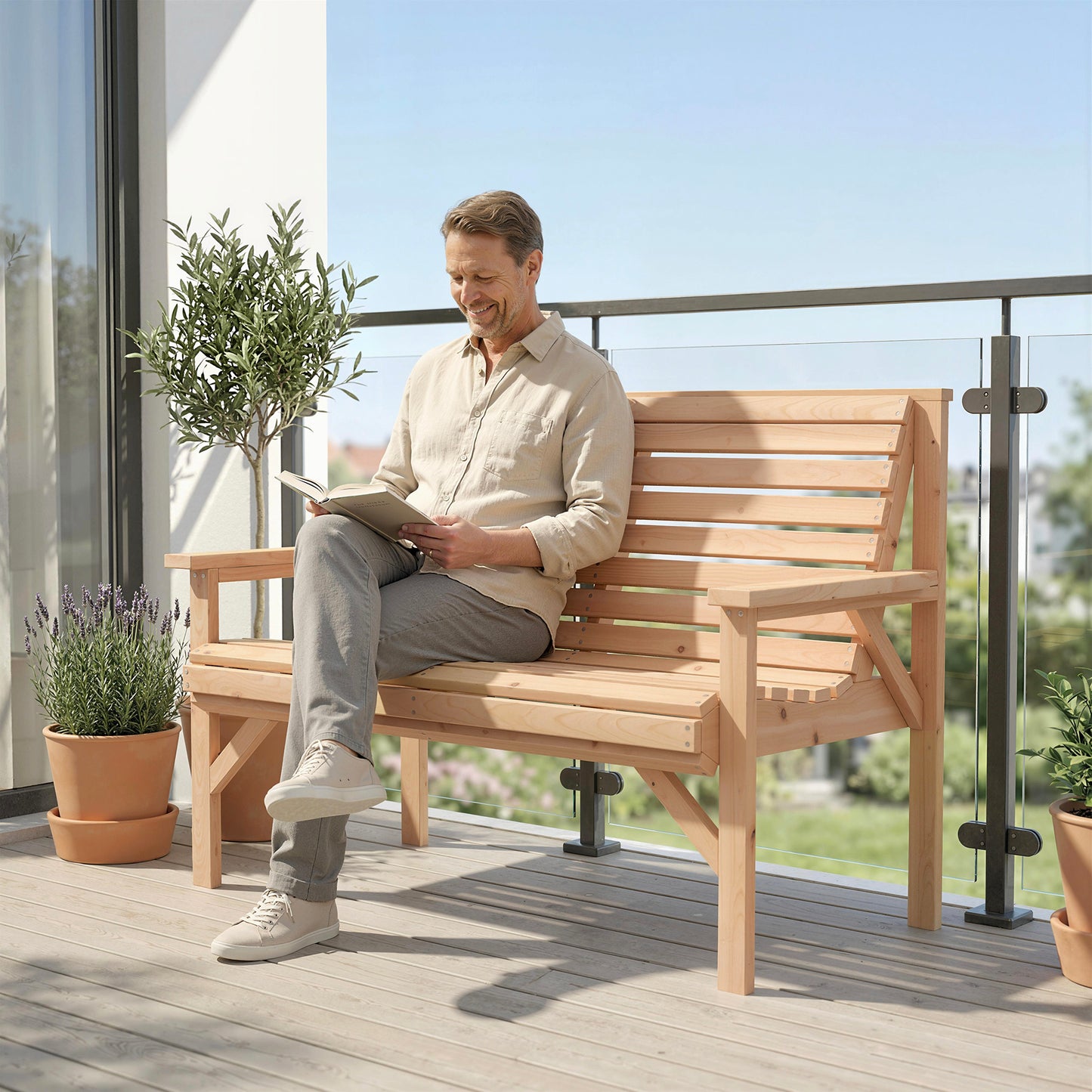 2 Seater Wooden Garden Bench, Slatted Patio Bench with Armrest and Backrest, Outdoor Furniture for Indoor, Balcony