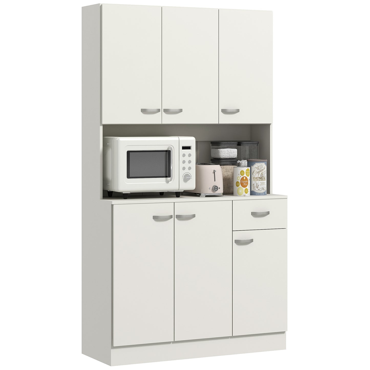 Freestanding Kitchen Pantry Storage Cabinet with Adjustable Shelves & Middle Worktop - White