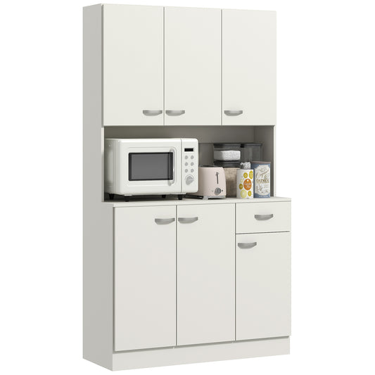 Freestanding Kitchen Pantry Storage Cabinet with Adjustable Shelves & Middle Worktop - White