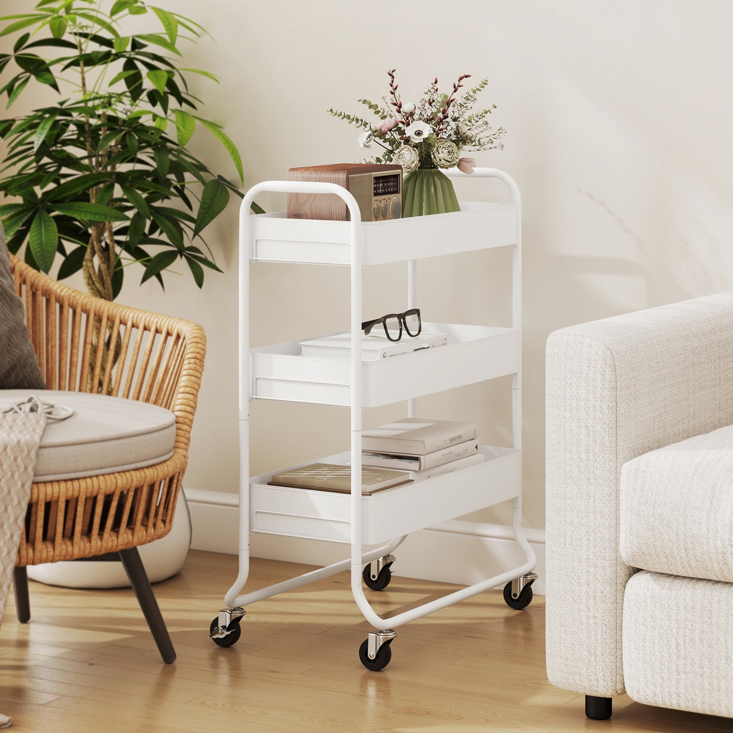3-Tier Storage Trolley on Wheels, Rolling Utility Cart with Mesh Backets for Kitchen, Bathroom, Bedroom, White