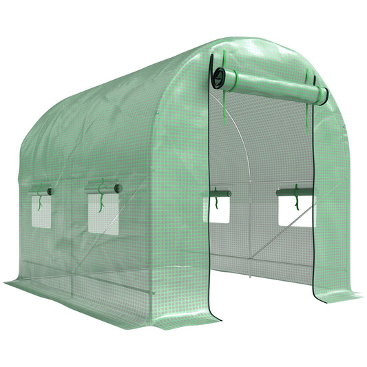 Walk-In Garden Polytunnel Greenhouse with Steel Frame, PE Cover, Roll-Up Door and 4 Windows, 2.5 x 2m, Green