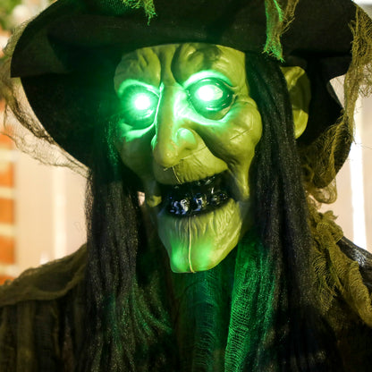 170 cm Life Size Hanging Halloween Animated Witch with Glowing LED Eyes, Spooky Witch Scary Halloween Decorations