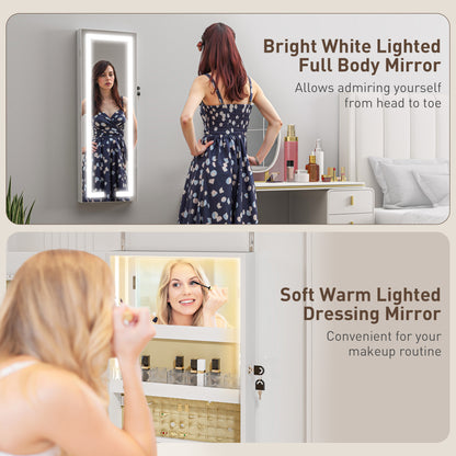 LED Mirror Jewellery Cabinet, Wall Mounted Full Length Mirror with Storage, Lockable Jewellery Organiser, White