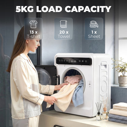 5kg Vented Tumble Dryer, 1000W Compact Tumble Dryer with Smart Drying, Freestanding Stackable Clothes Drying Machine