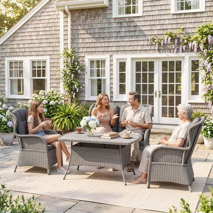Garden PE Rattan Dining Sofa Set, Outdoor 4 Seater Wicker Furniture, High Back Chairs with Cushions
