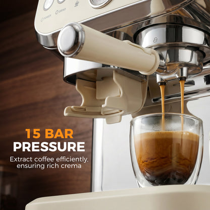 15 Bar Coffee Machine, with Adjustable Grind, Steamer and Accessories - Cream White