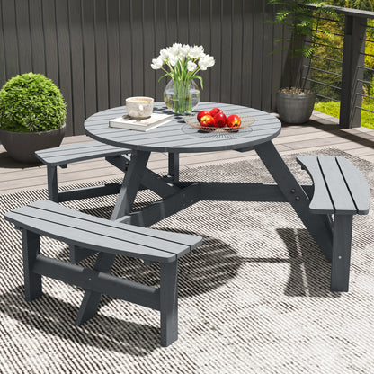 Wooden Garden Dining Set, 6 Seater Round Dining Picnic Table with Matching Bench, Garden Furniture Set