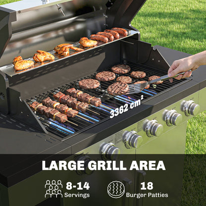 6 Burner Liquid Propane Gas BBQ Grill, Outdoor Portable Gas Barbecue Grill with Warming Rack, Side Tables, Cabinet