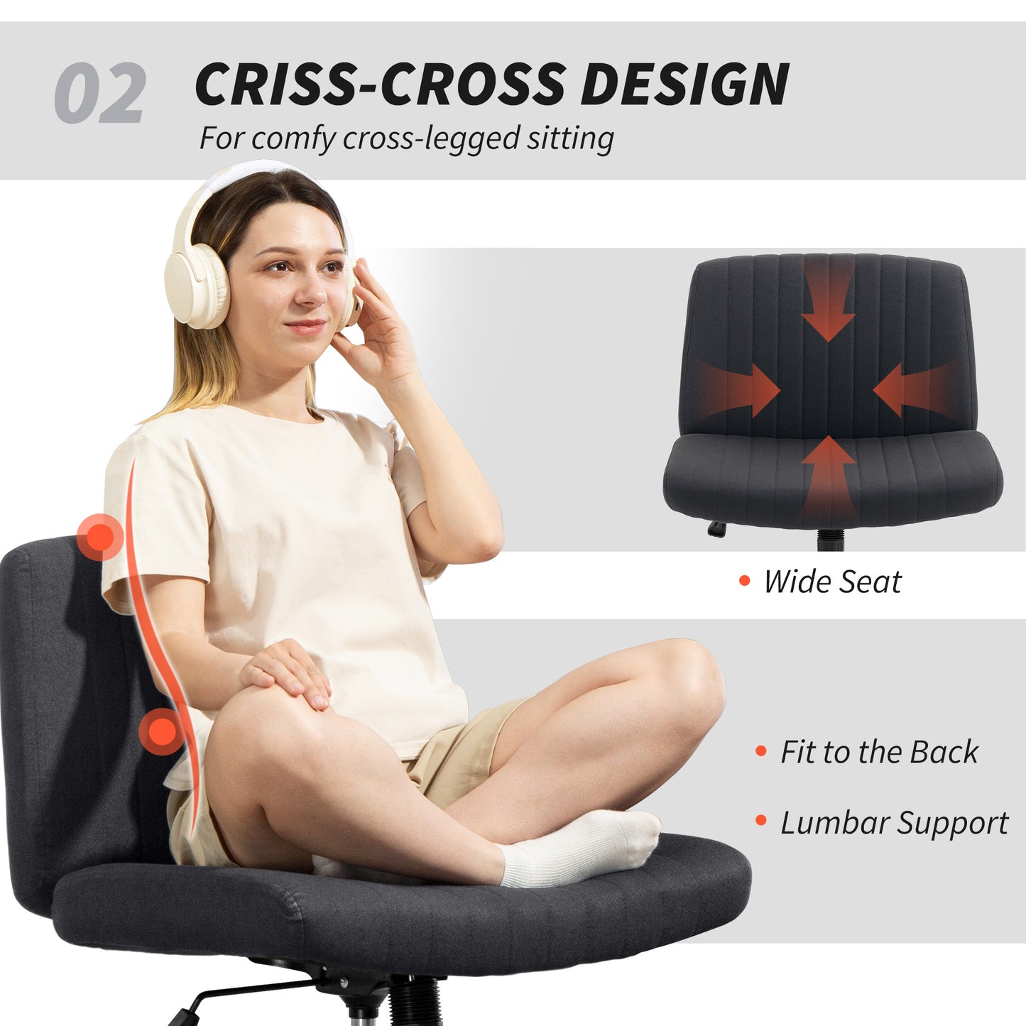 Armless Office Chair No Wheels, Linen Fabric Criss Cross Legged Desk Chair with Wide Seat, Thick Padding, Tilt Function