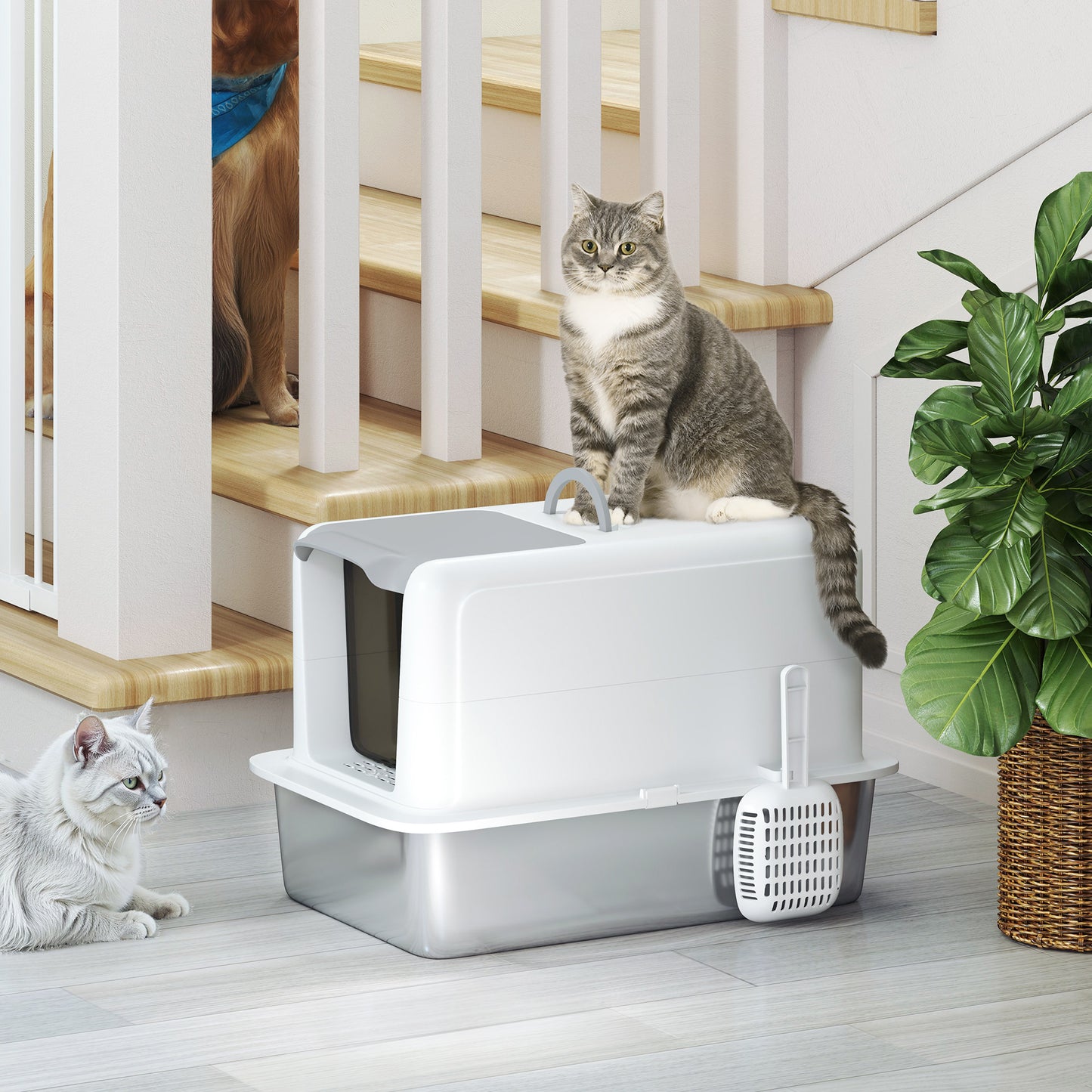 Stainless Steel Cat Litter Box with Removable Lid, Scoop, Filter Bags, for Larger Cats, White