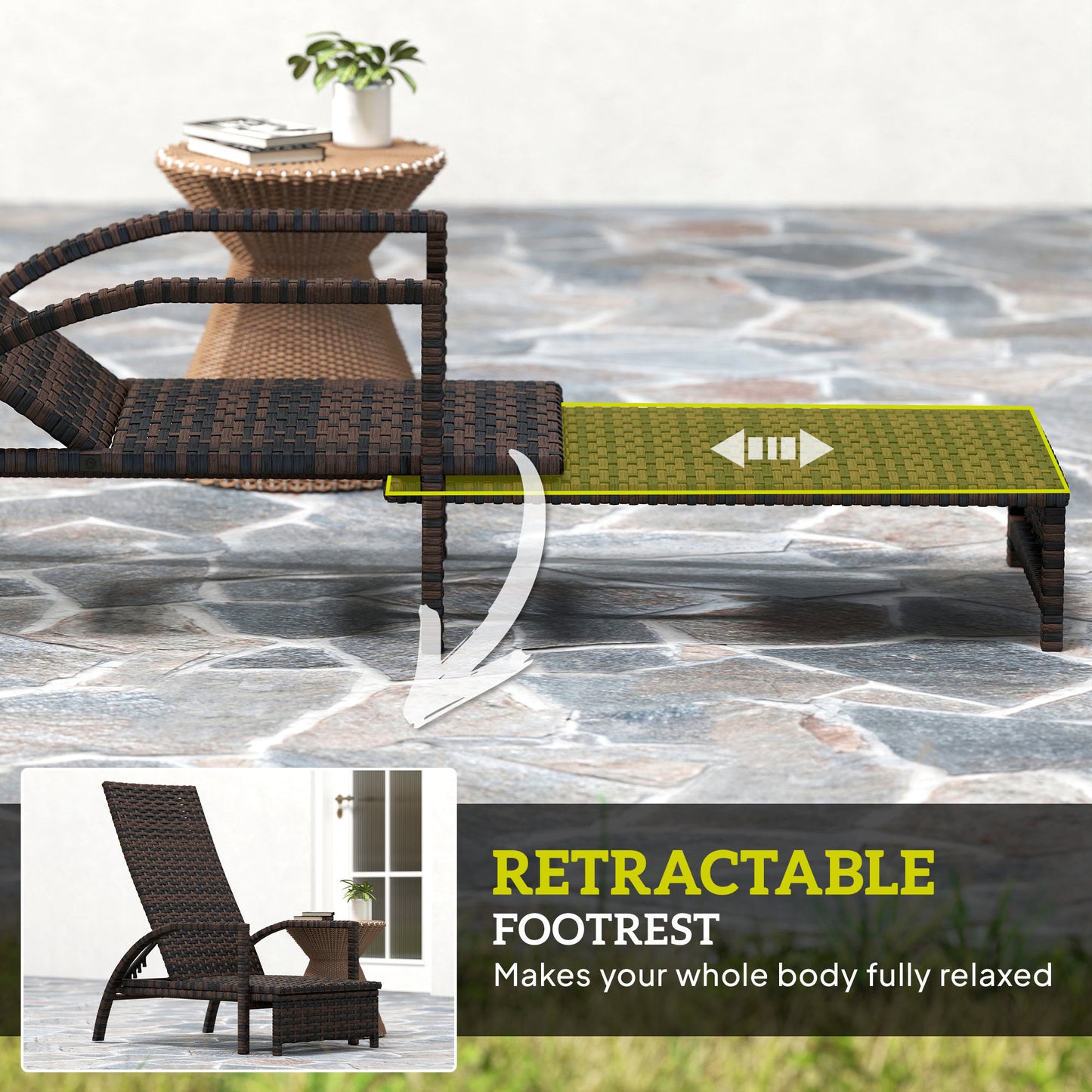 Reclining Rattan Lounger, with Extending Footrest - Brown