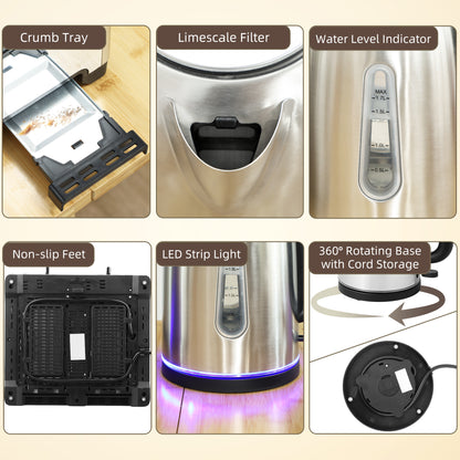 Kettle and Toaster Set, 1.7L 3000W Rapid Boil Jug Kettle with Otter Thermostat, Limescale Filter