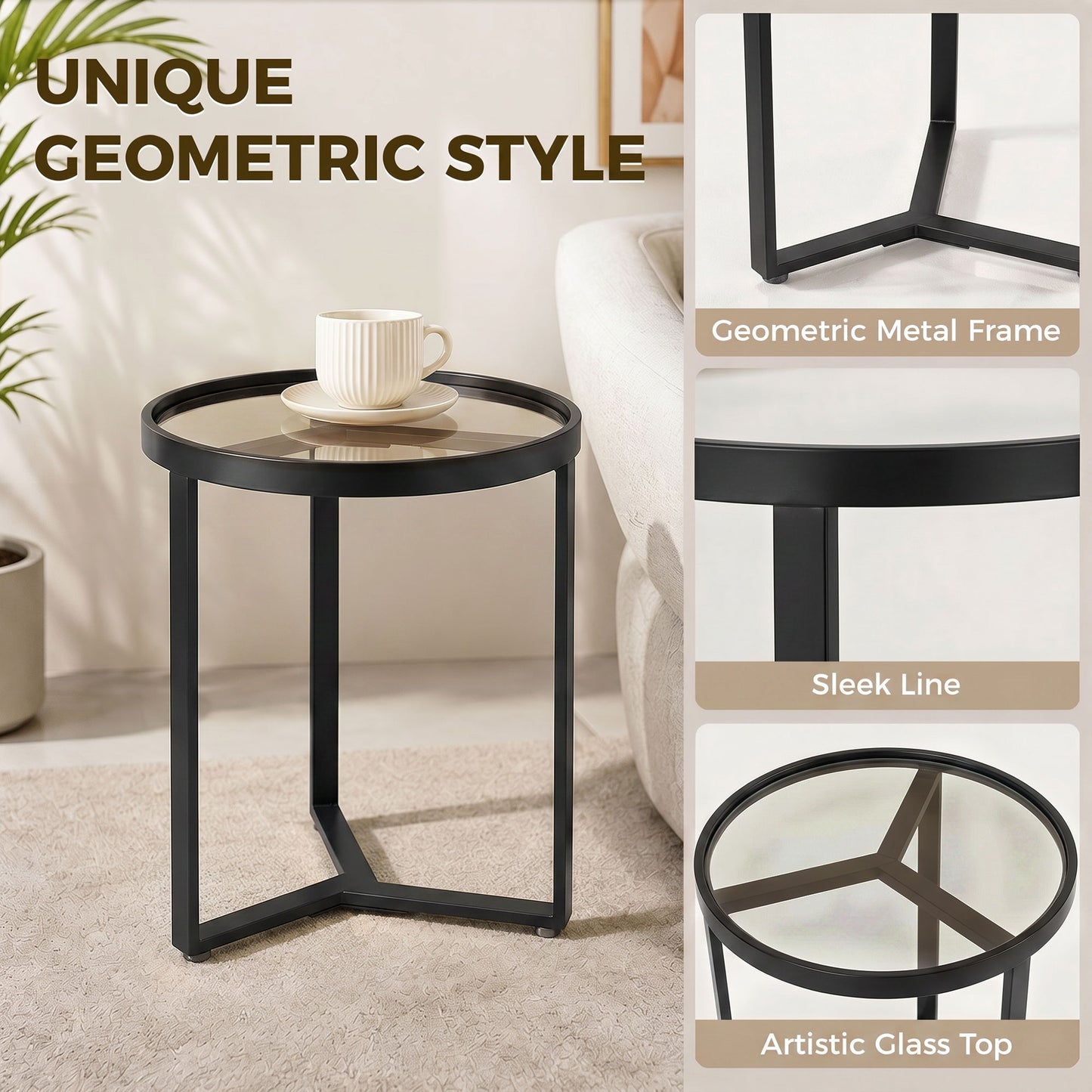 Round Side Table with Tempered Glass Top and Geometric Metal Frame for Small Space, Black
