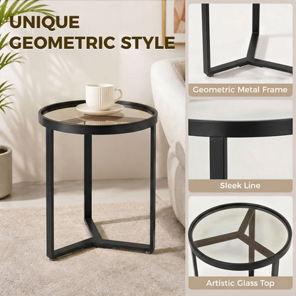 Round Side Table with Tempered Glass Top and Geometric Metal Frame for Small Space, Black