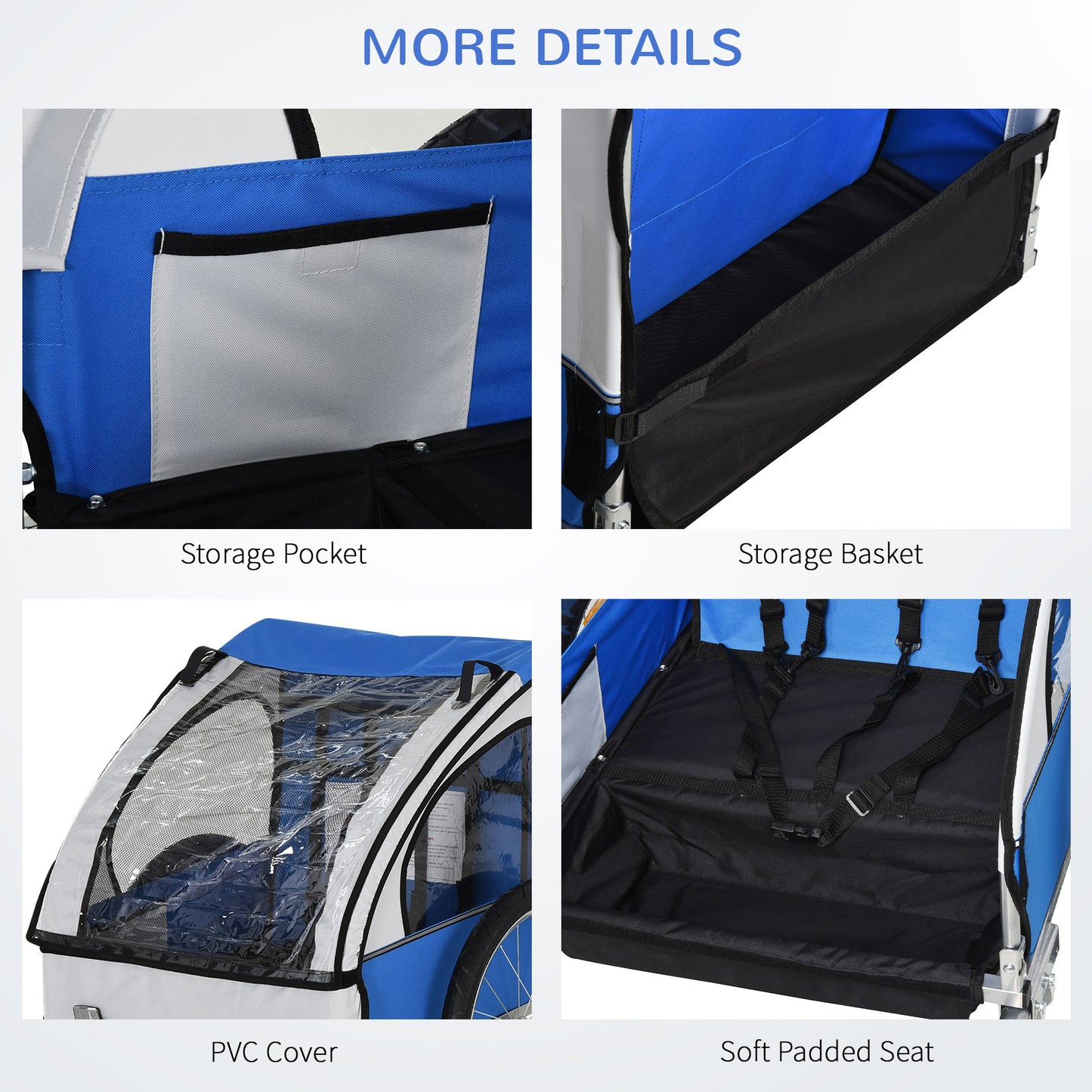 2 Seat Bike Trailer Bicycle wagon for Kids Child Steel Frame Safety Harness Seat Carrier Hitch Coupler Blue White 130 x 76 x