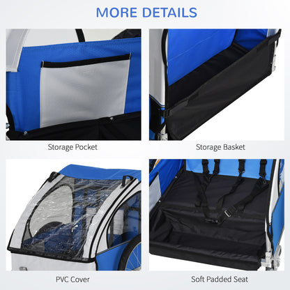 2 Seat Bike Trailer Bicycle wagon for Kids Child Steel Frame Safety Harness Seat Carrier Hitch Coupler Blue White 130 x 76 x