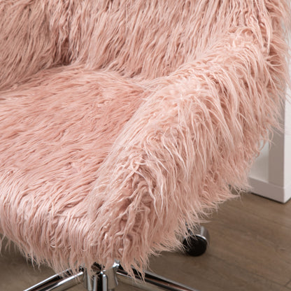 Faux Fur Desk Chair, Rolling Swivel Makeup Chair with Adjustable Height, Armrets for Home Office, Bedroom, Pink