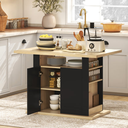 Kitchen Island with Spice Rack, Kitchen Storage with Large Tabletop for 4 People, Adjustable Shelves Black & Natural