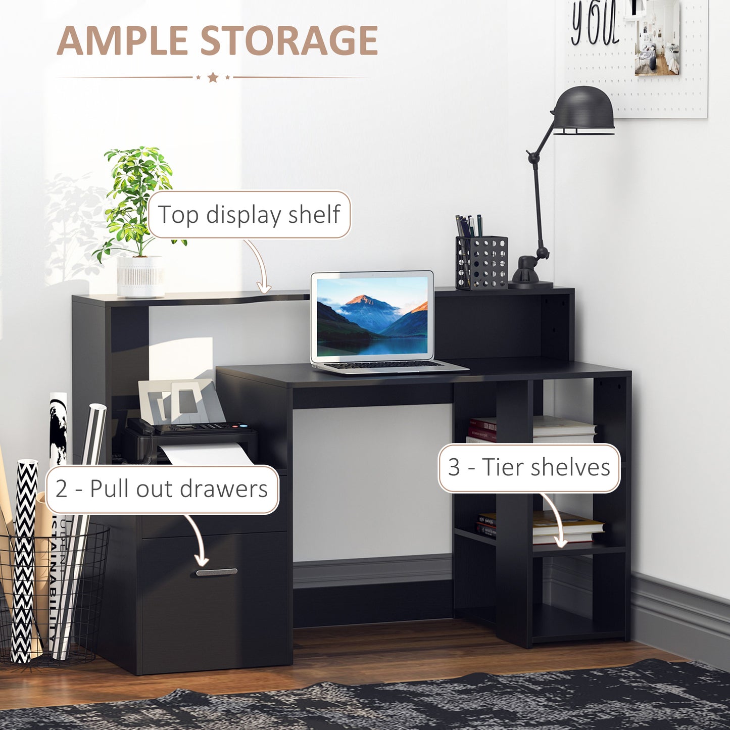 Computer Desk with Drawers and Storage Shelves, Office Desk Writing Table with Printer Stand, Black