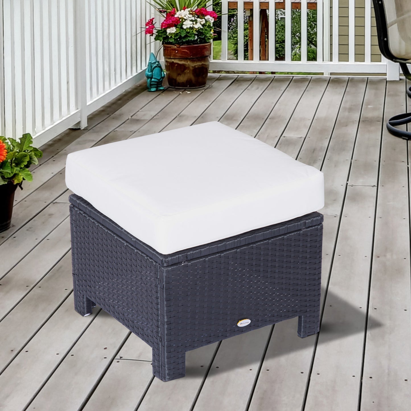 Rattan Footstool Wicker Ottoman with Padded Seat Cushion Outdoor Patio Furniture for Garden Poolside Living Room