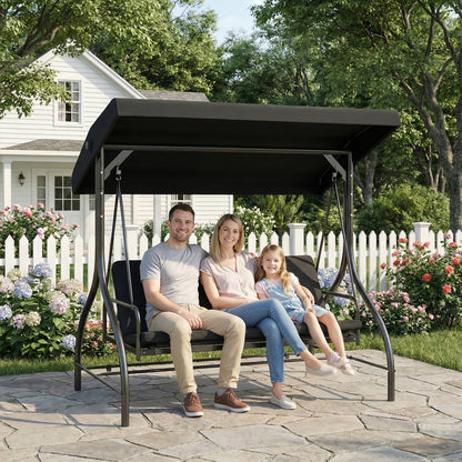 3 Seater Canopy Swing Chair, 2 in 1 Garden Swing Seat Bed, with Adjustable Canopy and Metal Frame, Black