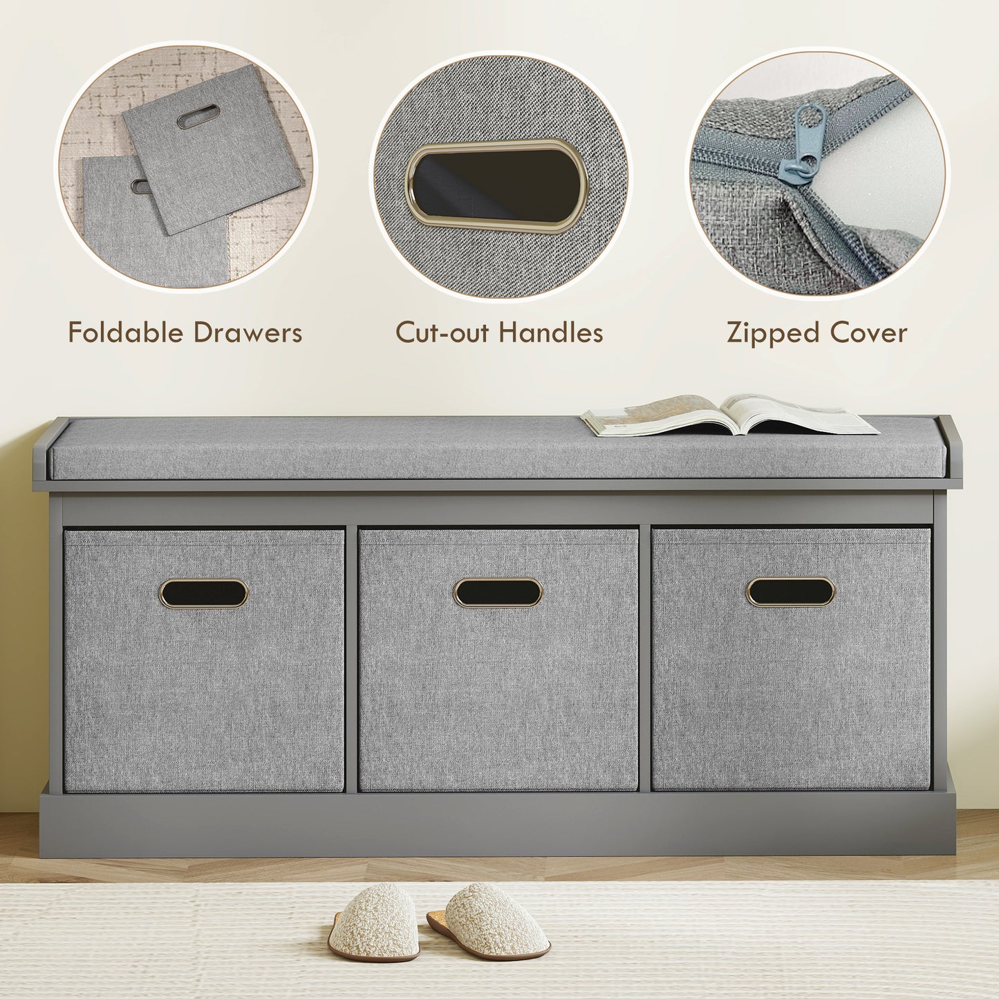 Three-Drawer Shoe Storage Bench, with Padded Top Seat - Grey