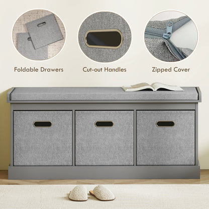 Three-Drawer Shoe Storage Bench, with Padded Top Seat - Grey