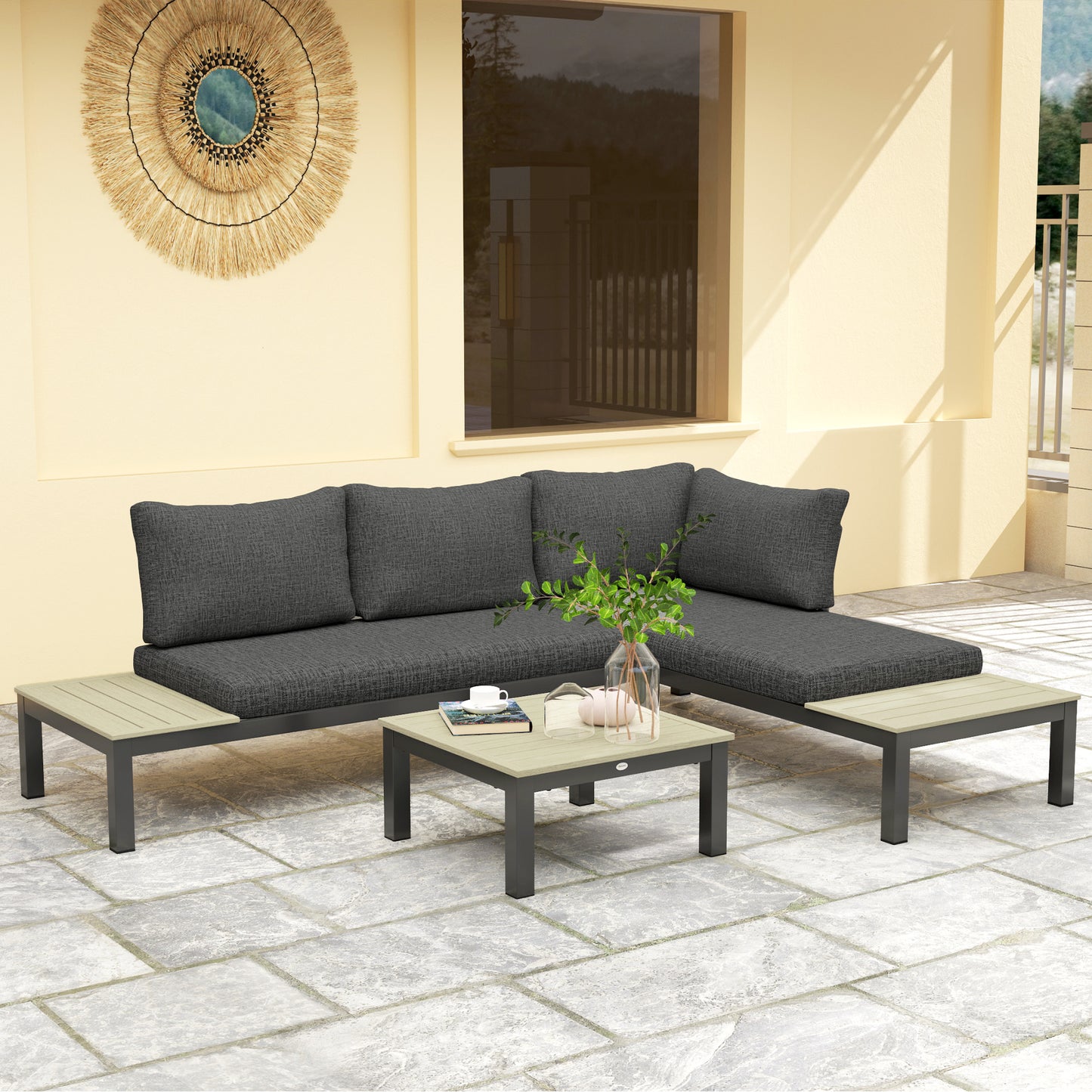 3 Pieces Garden Furniture Set, Aluminium 4 Seater Corner Sofa Set with 2 Loveseats, Coffee Table and Side Trays