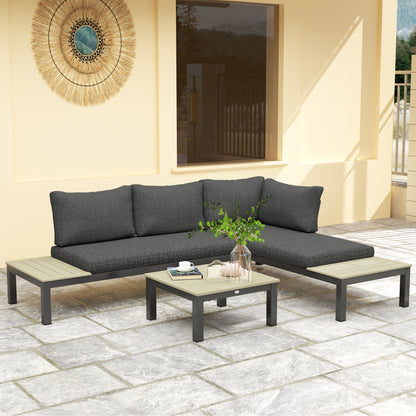 3 Pieces Garden Furniture Set, Aluminium 4 Seater Corner Sofa Set with 2 Loveseats, Coffee Table and Side Trays
