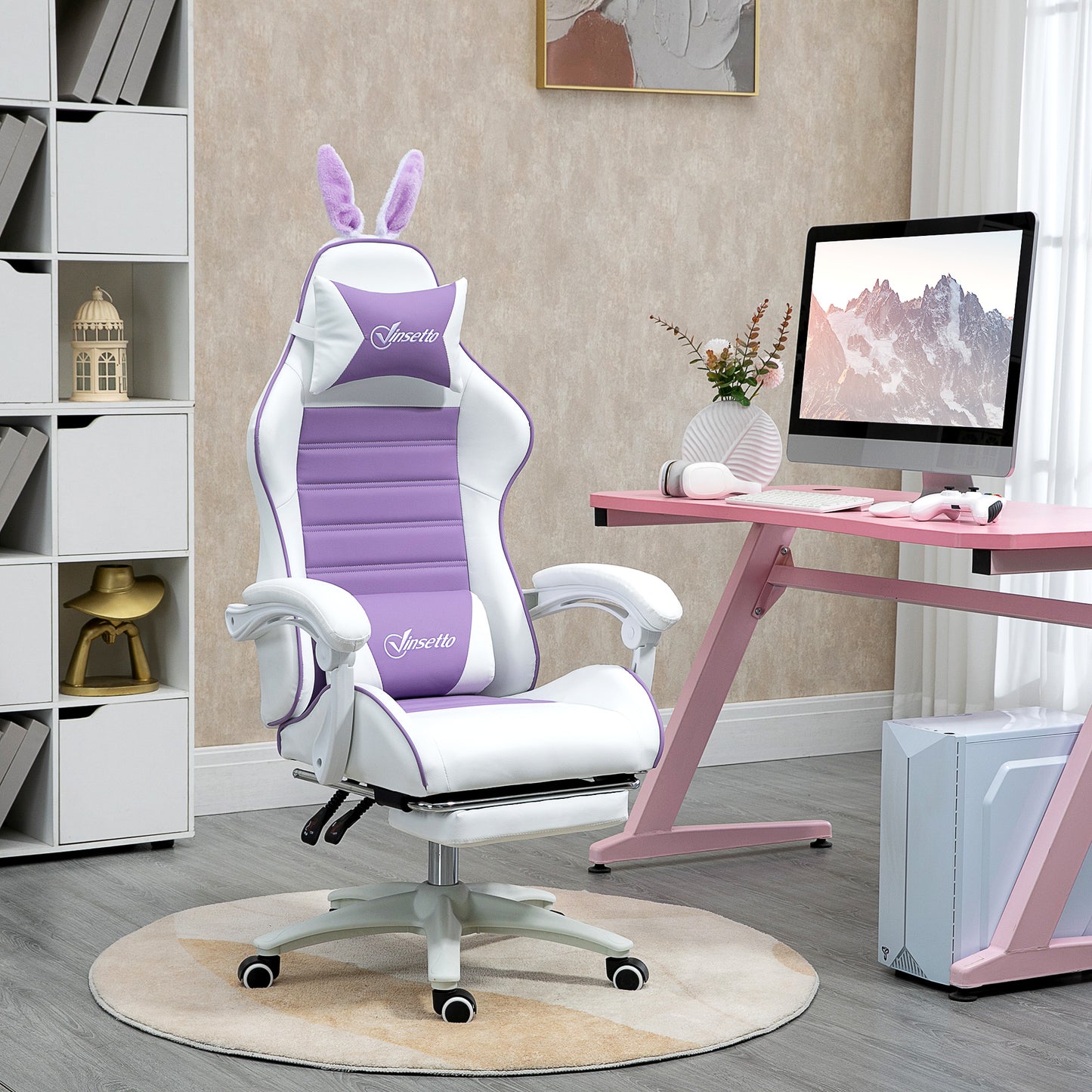 Racing Gaming Chair, Reclining PU Leather Computer Chair with Removable Rabbit Ears, Footrest, Headrest and Lumber Support