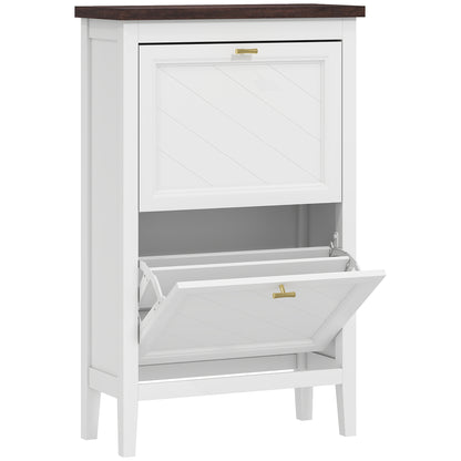 Shoe Cabinet with 2 Flip Drawers, Farmhouse Narrow Shoe Storage Cabinet with Adjustable Shelves, White