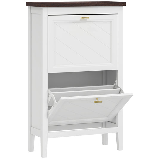 Shoe Cabinet with 2 Flip Drawers, Farmhouse Narrow Shoe Storage Cabinet with Adjustable Shelves, White
