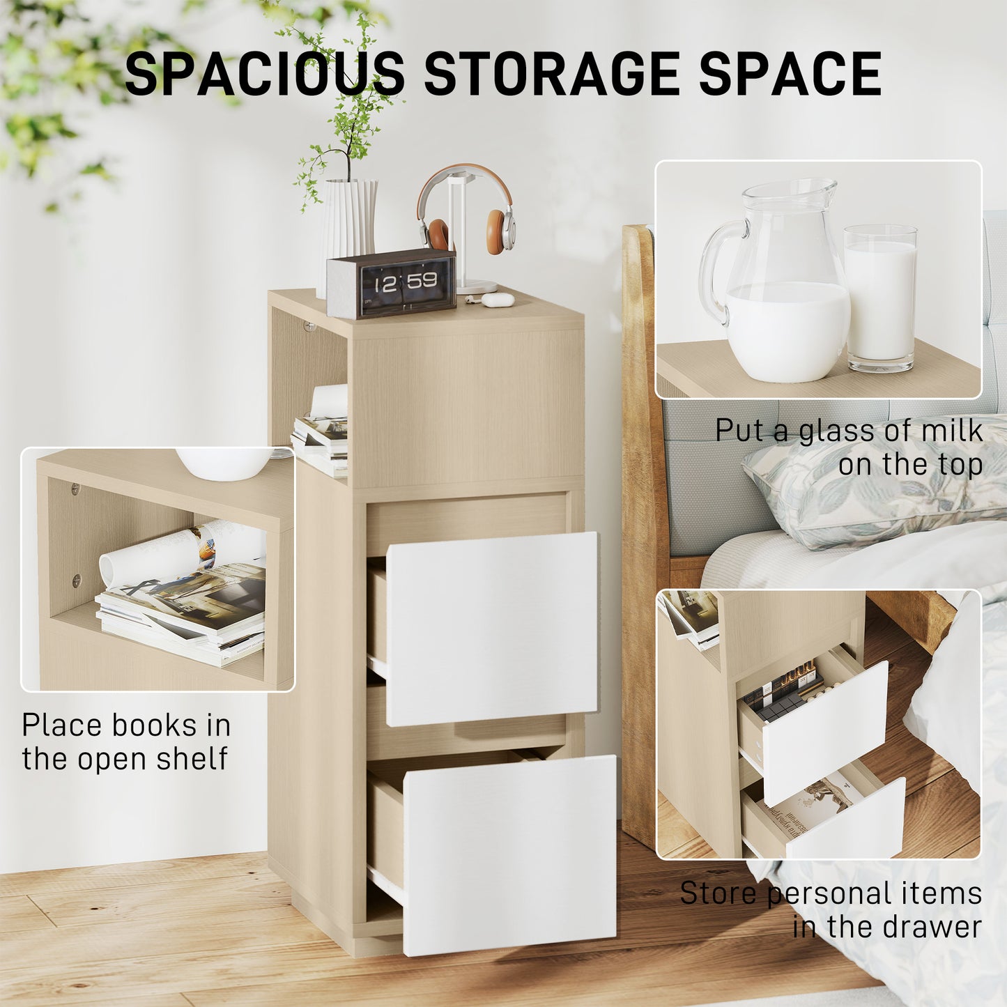 Slim Bedside Table, Narrow Bedside Cabinet with Open Shelf and 2 Drawers for Bedroom, Living Room, Natural Wood Finish