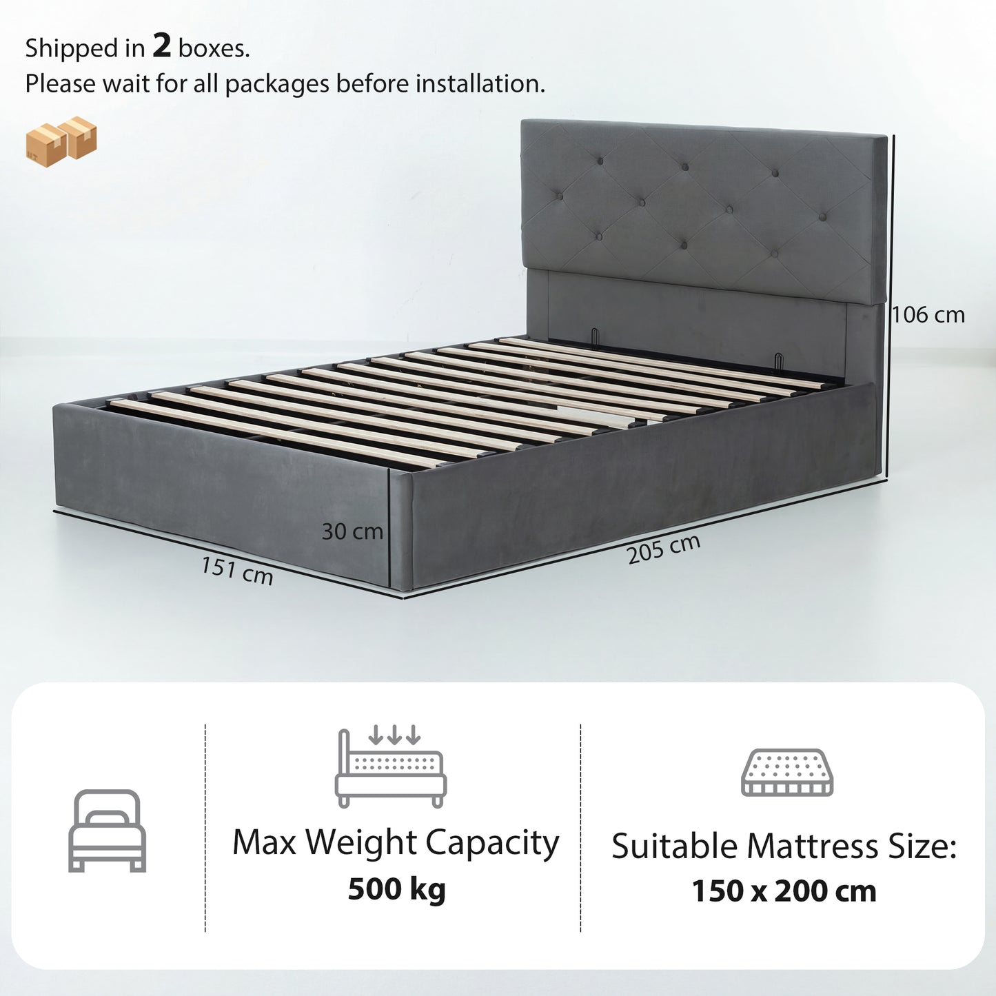 King Size Bed Frame Gas End Lift Under Bed Storage Upholstered Platform Bed Tufted Headboard for 150 x 200 cm Mattress