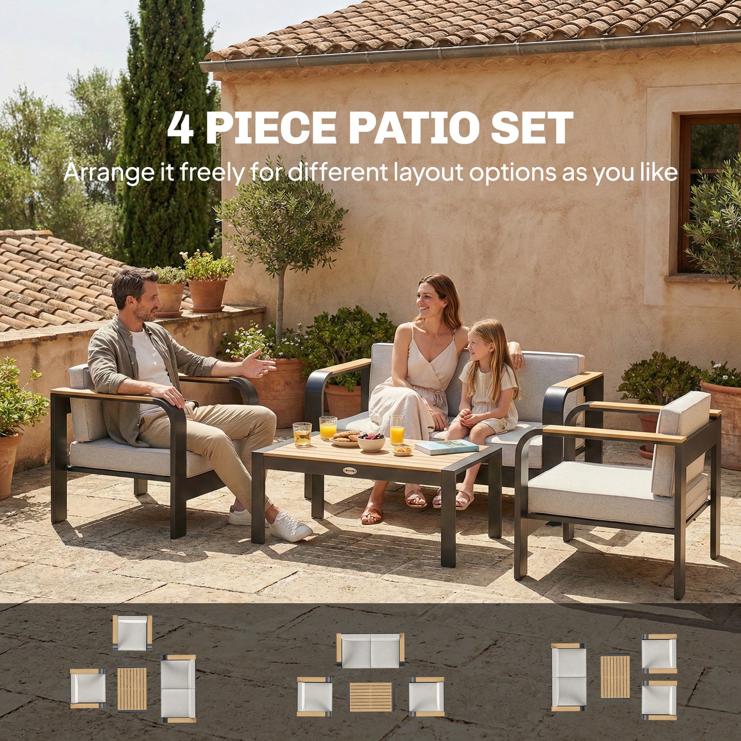 4 Seater Aluminium Garden Furniture Set with Olefin Cushions, Garden Sofa Set, Beige