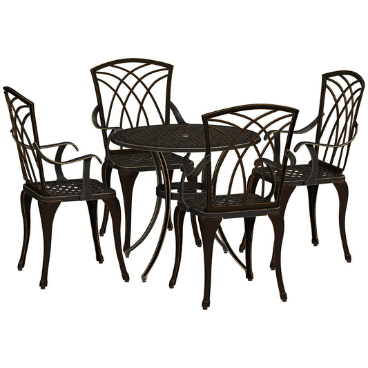 5 Pieces Garden Dining Set for 4, Cast Aluminium Outdoor Dining Set with 4 Armchairs and Round Dining Table with Parasol Hole