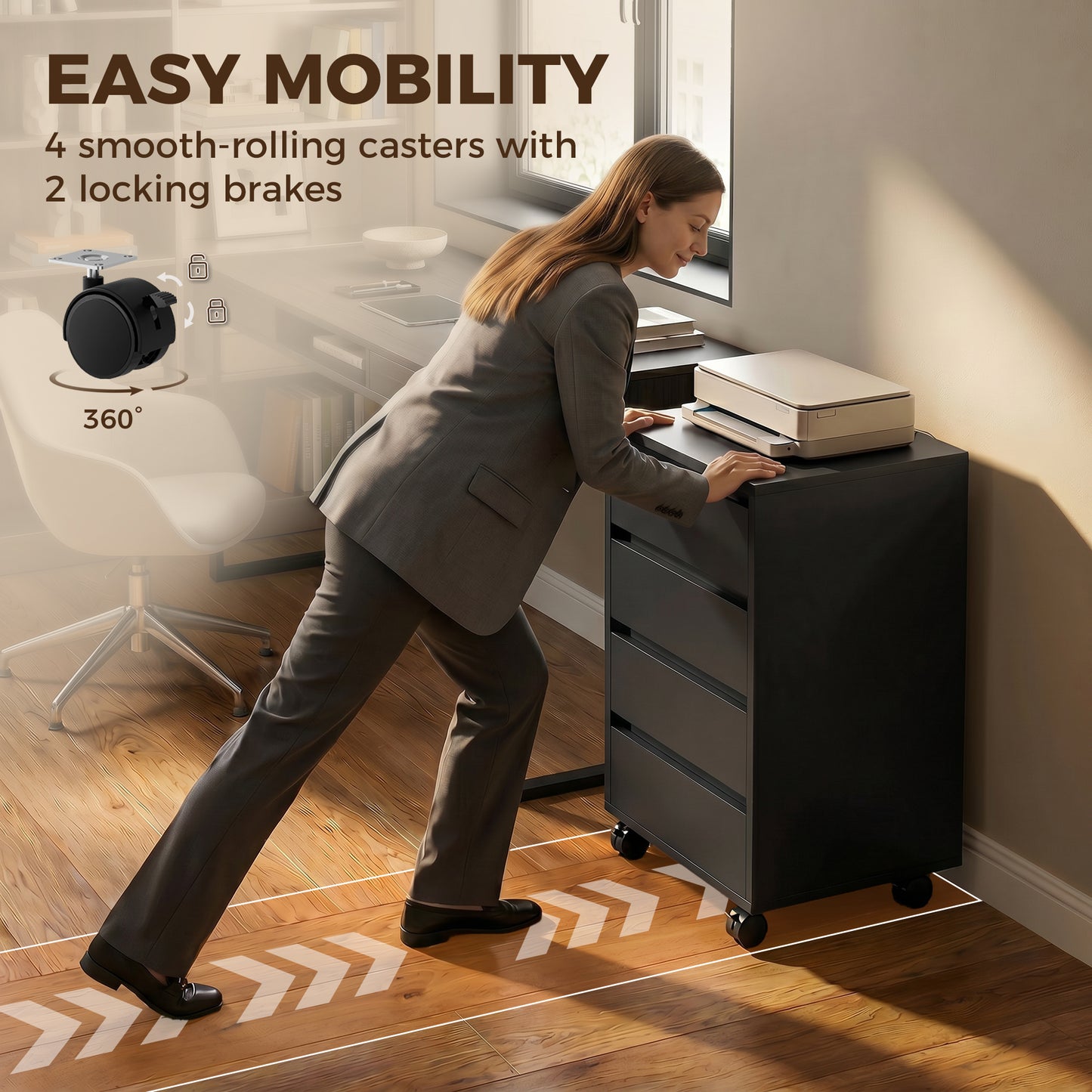 Four-Drawer Office Filing Cabinet, with Wheels - Black