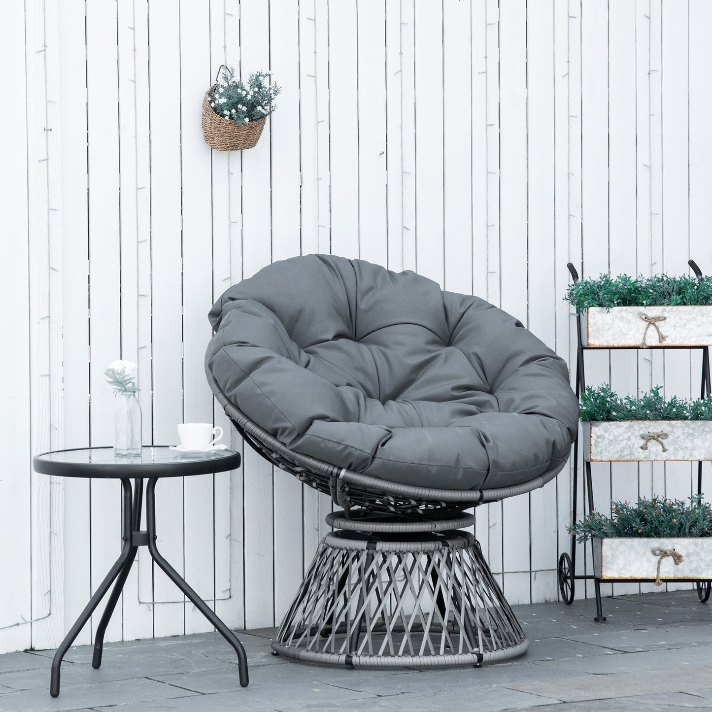 360° Swivel Rattan Papasan Moon Bowl Chair Round Lounge Garden Wicker Basket Seat with Padded Cushion Oversized for Outdoor I