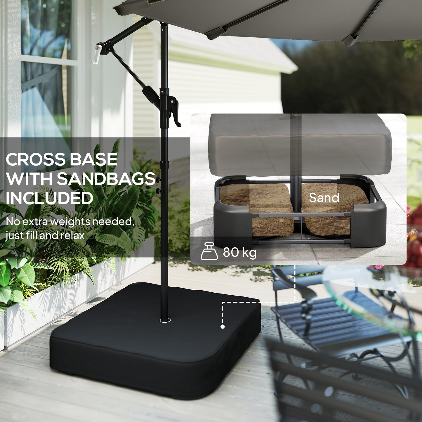 3 m Garden Cantilever Parasol with Cross Base, Sandbag, 360° Rotating Overhanging Banana Umbrella, Grey