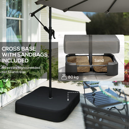 3 m Garden Cantilever Parasol with Cross Base, Sandbag, 360° Rotating Overhanging Banana Umbrella, Grey