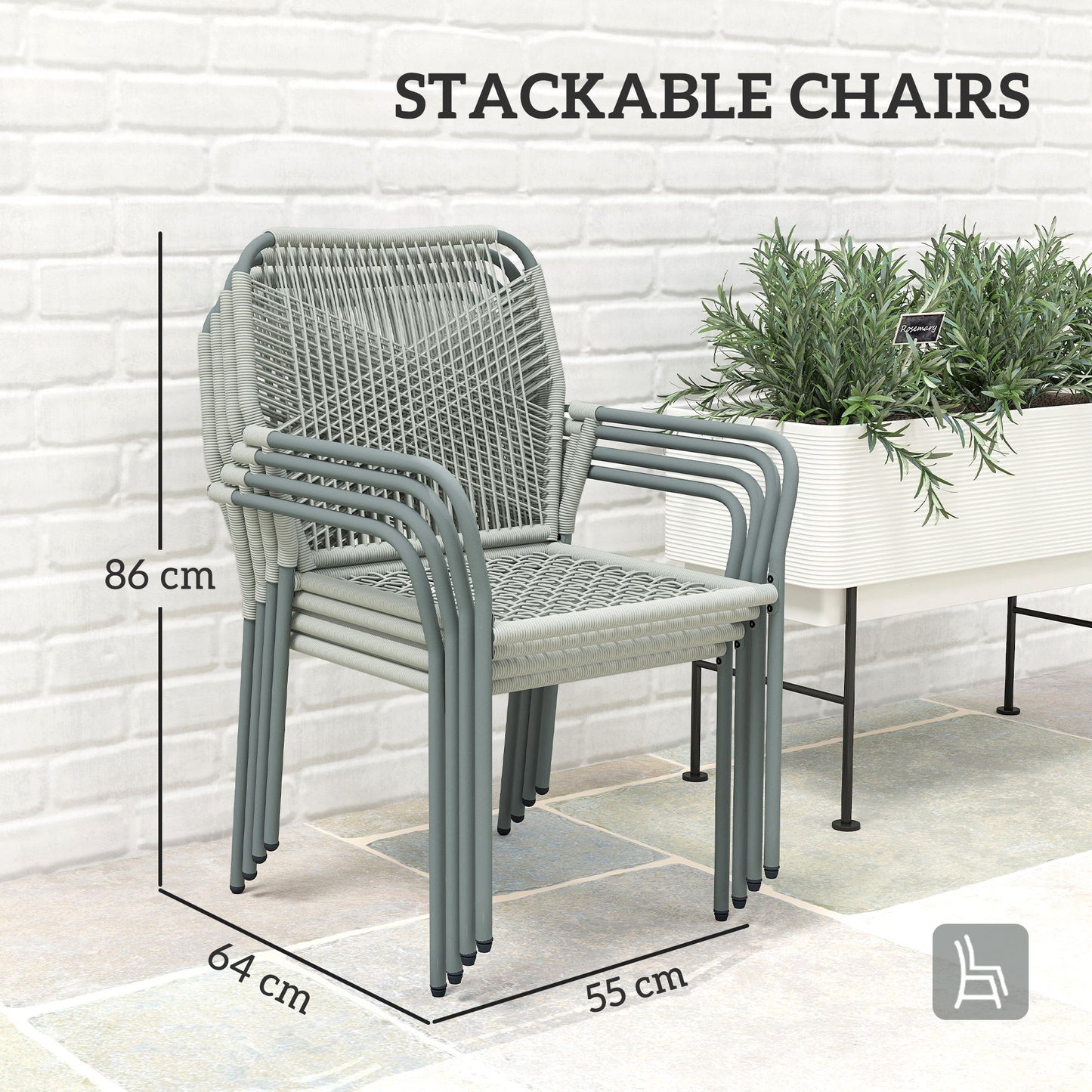 Five-Piece PE Rattan Garden Dining Set with Cushions & Stackable Chairs - Light Grey