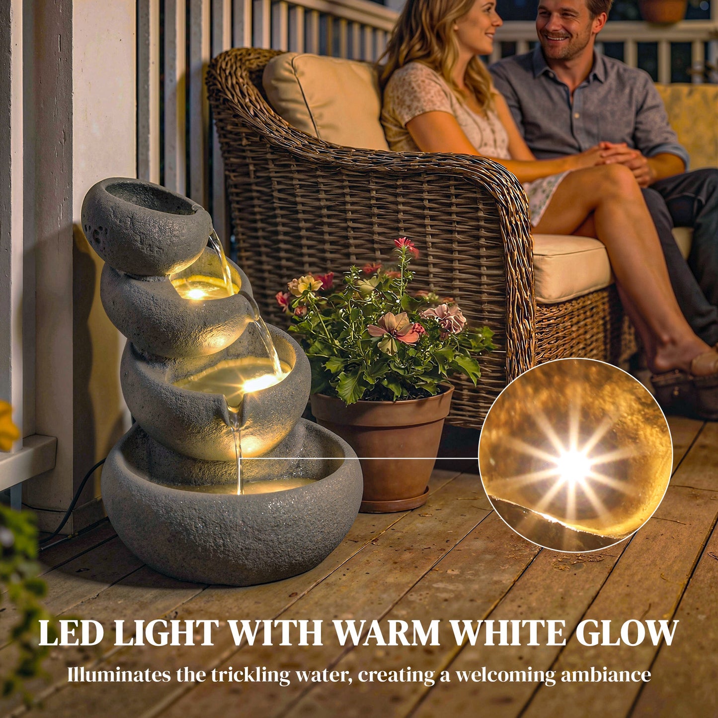 4-Tier Water Fountain Outdoor, Garden Water Feature with LED Lights and Pump, Freestanding Resin Waterfall for Patio