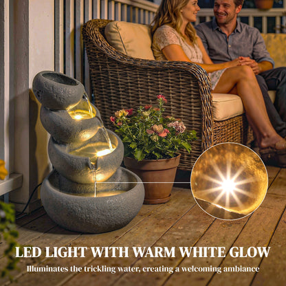 4-Tier Water Fountain Outdoor, Garden Water Feature with LED Lights and Pump, Freestanding Resin Waterfall for Patio