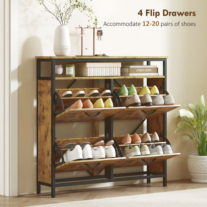Shoe Storage Cabinet with 4 Flip Drawers and Open Shelf - Rustic Brown